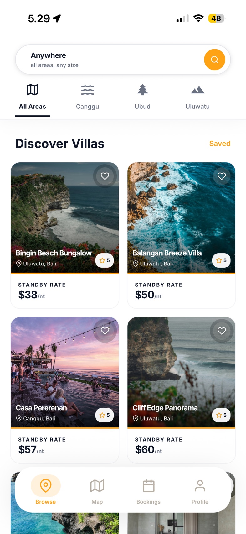 The Bumpr app's browse screen: Bali villas with their standby rate per night.